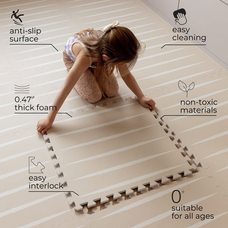 Girl assembling Lucio Desert Sand Play Mat with icons showing anti-slip, easy clean, and thick foam features.