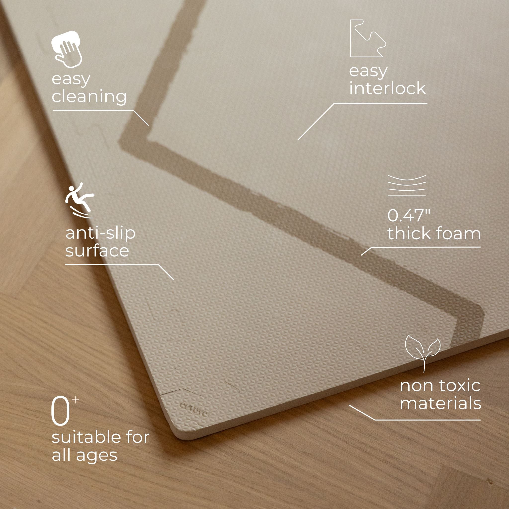 Eeveve Beni - Autumn Gold - Play Mat features labeled benefits like anti-slip surface, non-toxic foam, and easy interlock for baby-safe play.