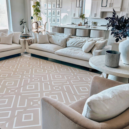 Modern Blocks Play Mat in a bright living room with neutral furniture. Elegant geometric design complements home decor while offering safe play.
