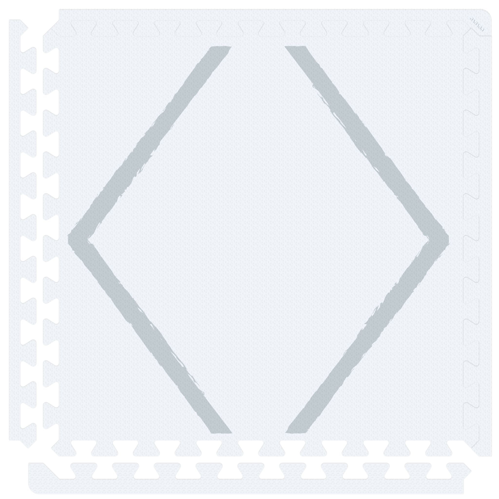 Close-up of the Beni Powder Blue play mat tiles showing geometric diamond pattern and interlocking edges for easy assembly and expansion.