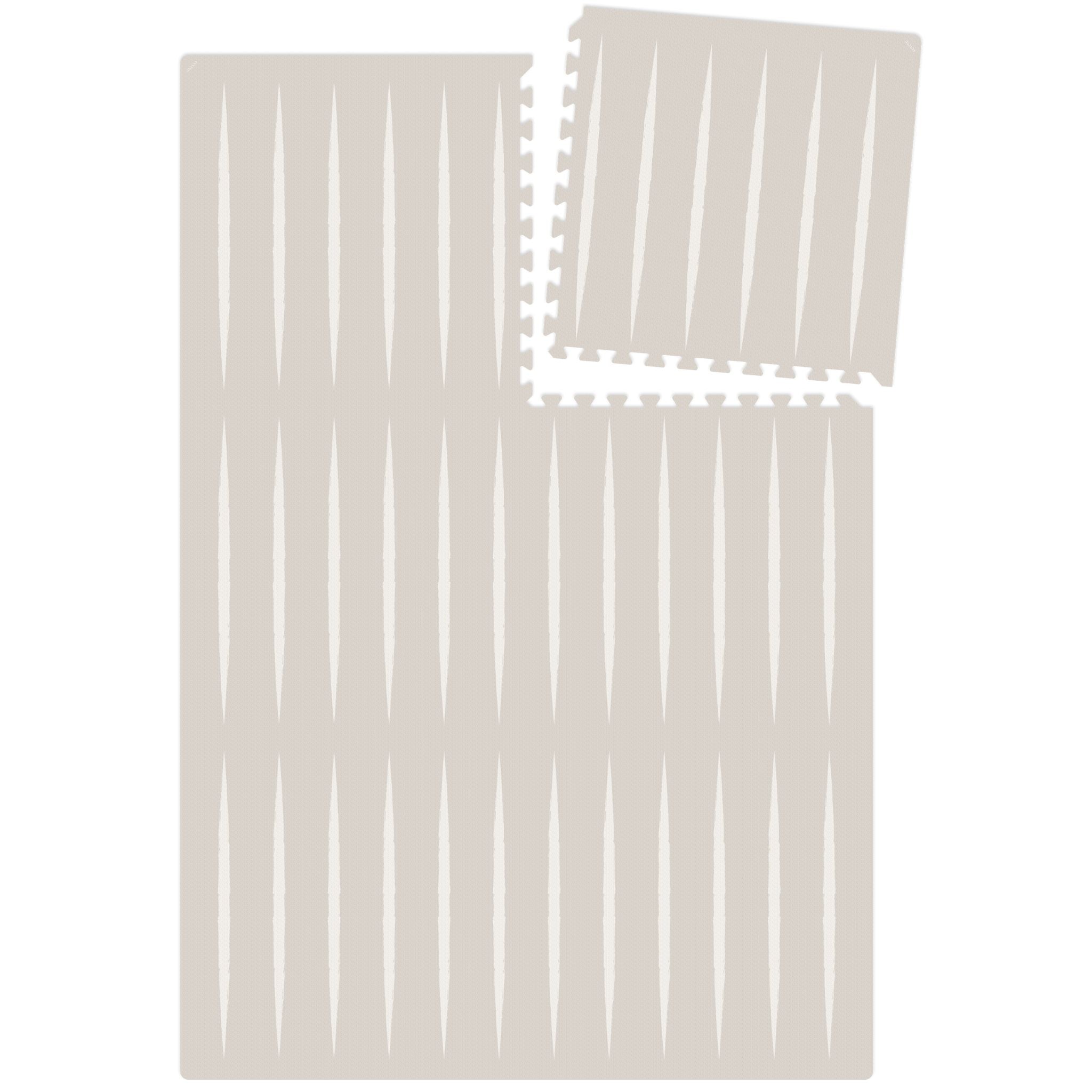 Eeveve Lucio play mat in linen shown in modular layout. Expandable EVA foam mat with interlocking tiles for custom play space.