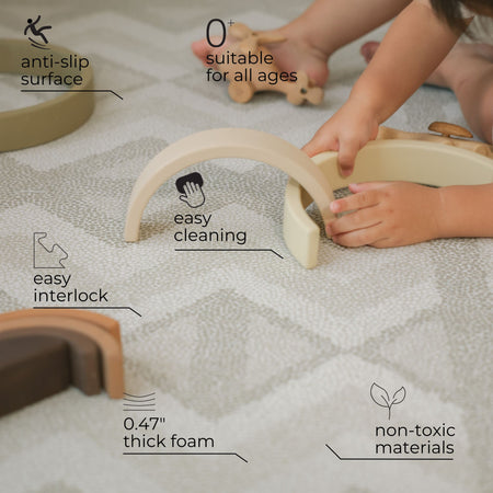 Features of Kilim Feather Gray Play Mat: anti-slip, easy cleaning, thick foam, and suitable for all ages. Ideal for baby and toddler play.