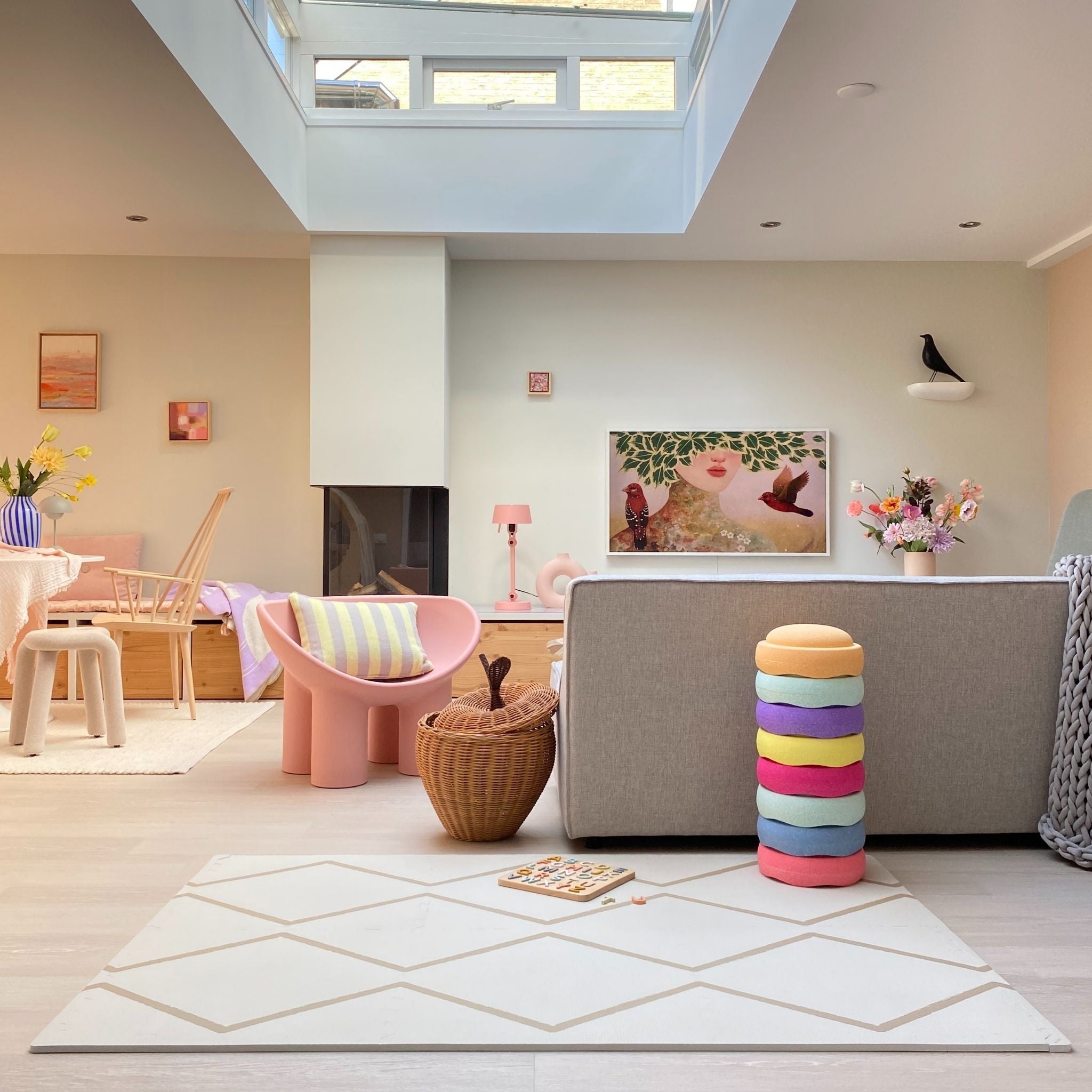 Beni - Autumn Gold - Play Mat by Eeveve placed in a modern living room, blending seamlessly with interior decor while offering a safe play area.