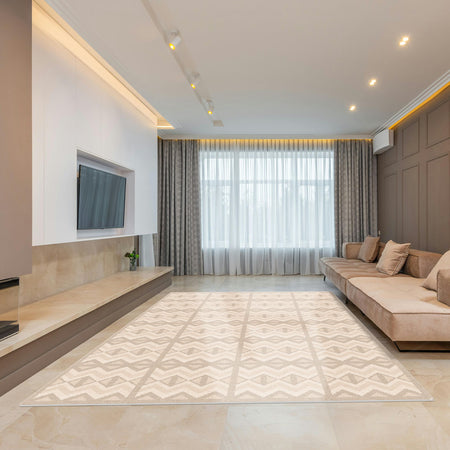 Kilim Sand Play Mat in a spacious living room with modern decor. Elegant and functional EVA foam mat for family play areas.