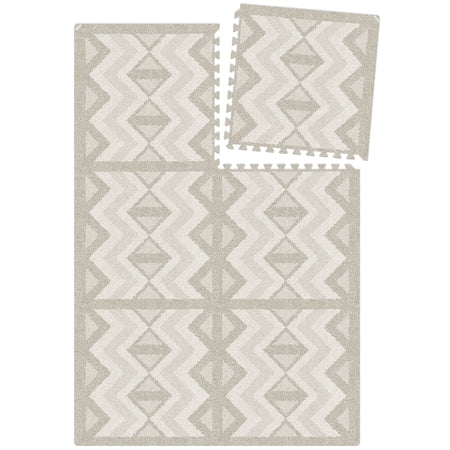 Kilim Feather Gray Play Mat layout with detachable tiles. Modular EVA foam mat design for customizable baby play space.